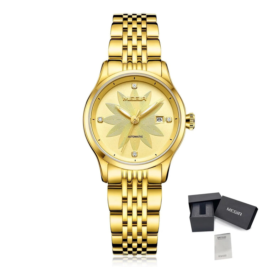 MEGIR Fashion Business Casual Watch for Women Sapphire Automatic Mechanical Wrist Watch Ladies Stainless Steel Female Date Clock 62061-8