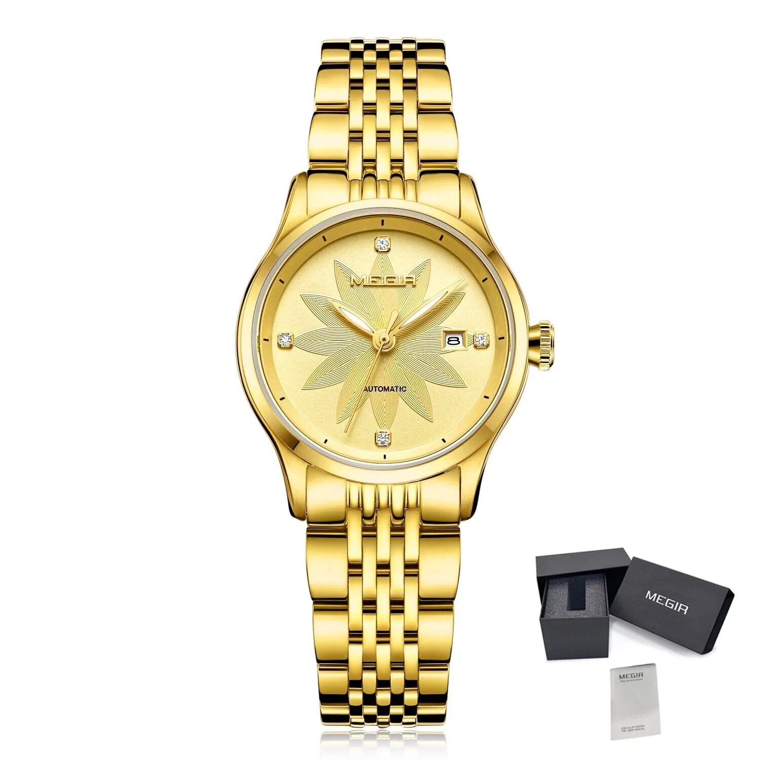 MEGIR Fashion Business Casual Watch for Women Sapphire Automatic Mechanical Wrist Watch Ladies Stainless Steel Female Date Clock 62061-8