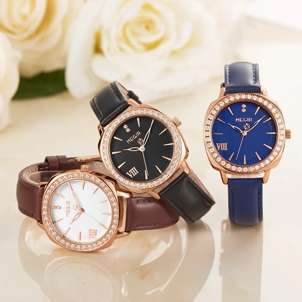 MEGIR Fashion Women Watch Luxury Diamond Leather Ladies Bracelet Watch Female Quartz Wristwatches Dress Clock Relogio Feminino 7029