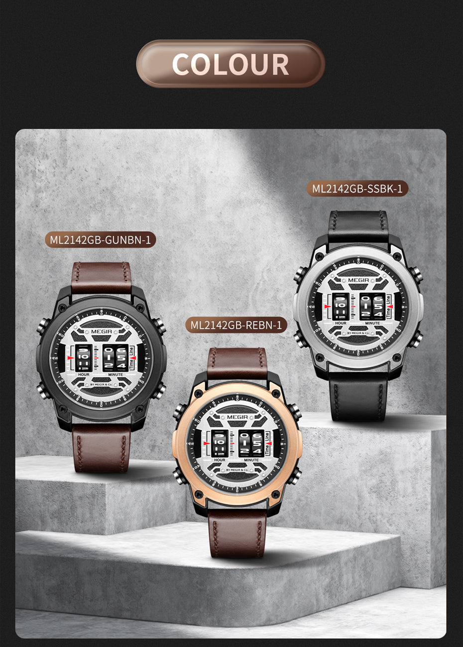 MEGIR Waterproof Men's Watch Roller Business Casual Wristwatch Leather Fashion 2142
