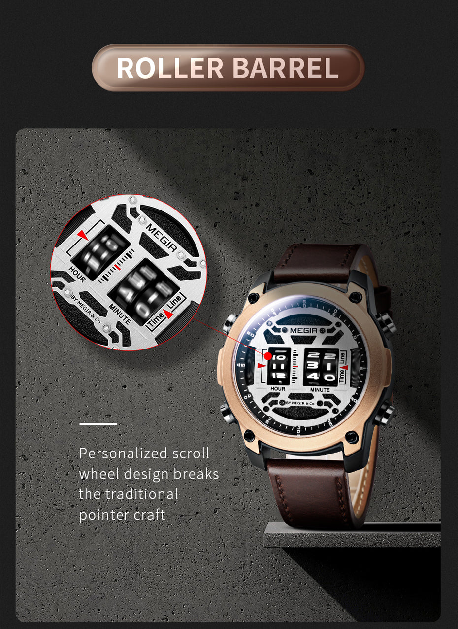 MEGIR Waterproof Men's Watch Roller Business Casual Wristwatch Leather Fashion 2142