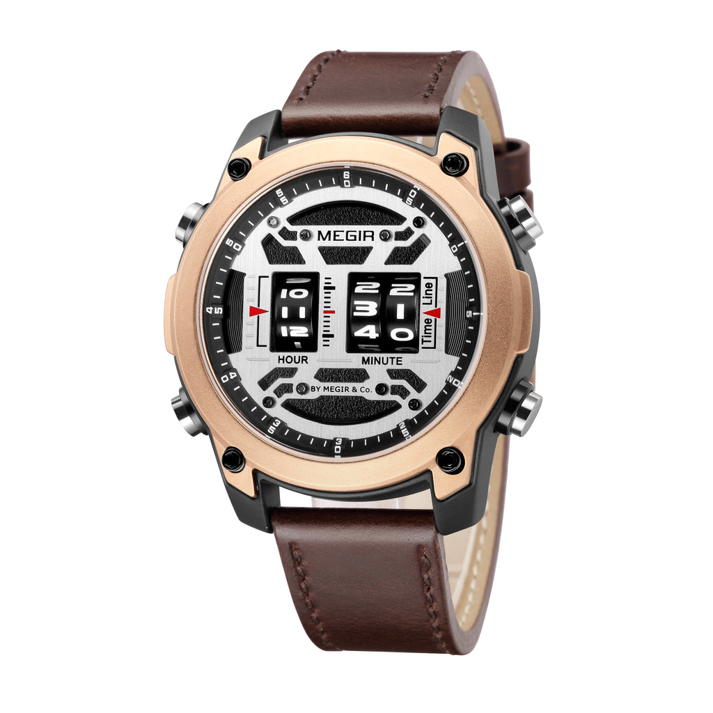 MEGIR Waterproof Men's Watch Roller Business Casual Wristwatch Leather Fashion 2142