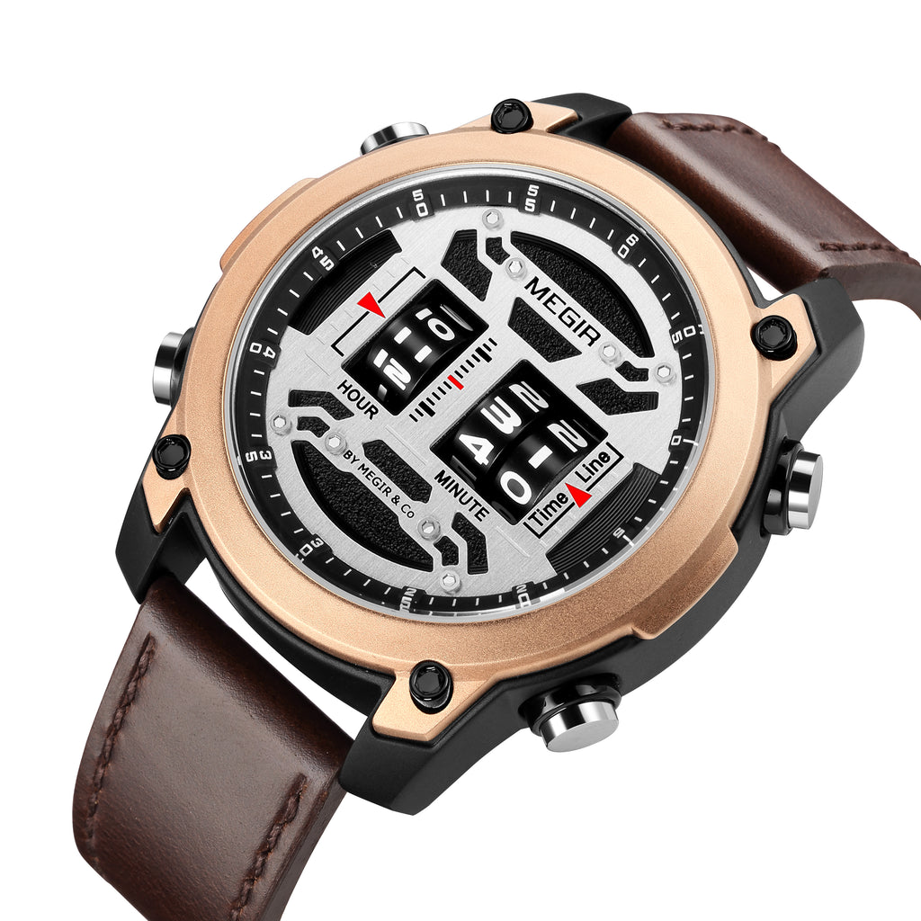 MEGIR Waterproof Men's Watch Roller Business Casual Wristwatch Leather Fashion 2142