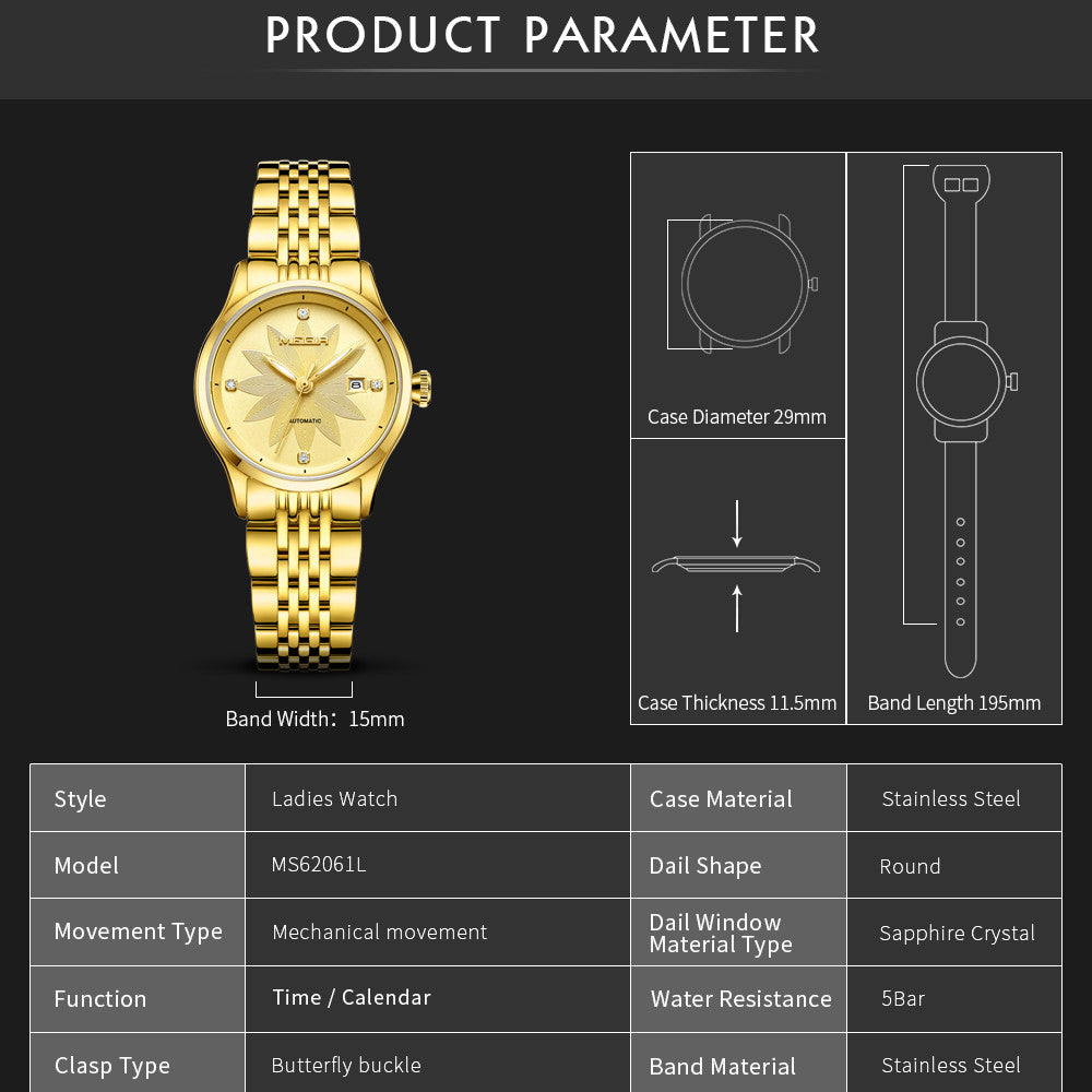 MEGIR Fashion Business Casual Watch for Women Sapphire Automatic Mechanical Wrist Watch Ladies Stainless Steel Female Date Clock 62061-7
