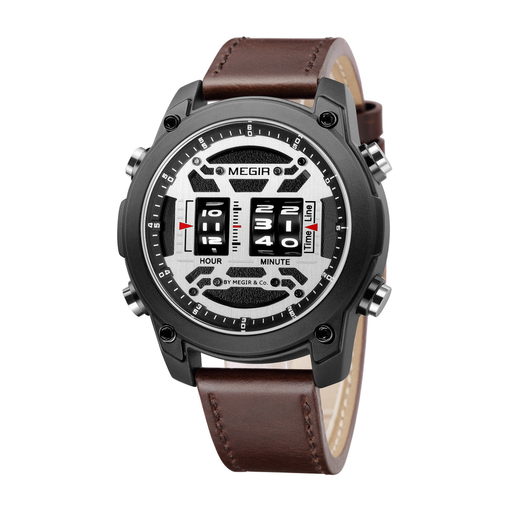 MEGIR Waterproof Men's Watch Roller Business Casual Wristwatch Leather Fashion 2142