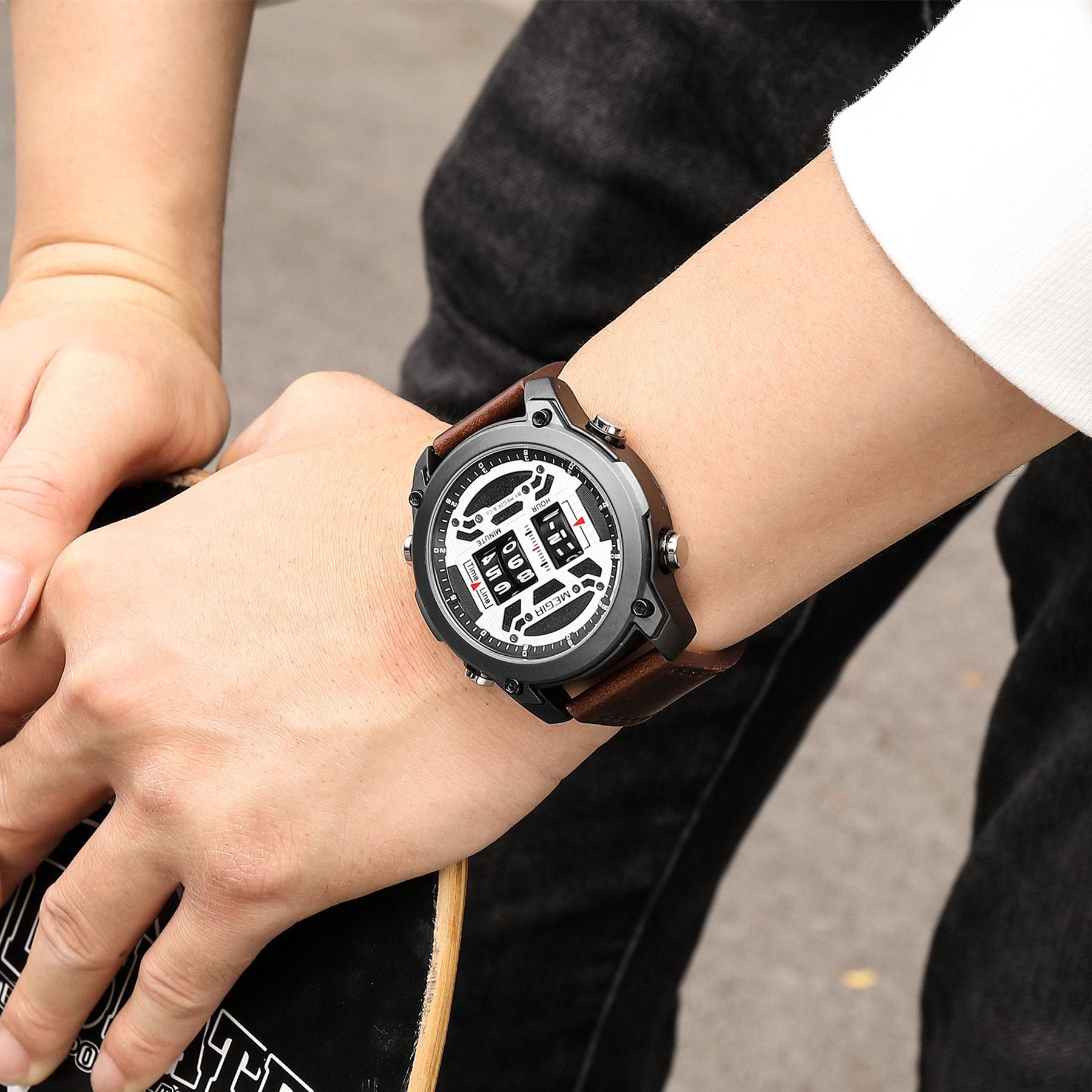 MEGIR Waterproof Men's Watch Roller Business Casual Wristwatch Leather Fashion 2142