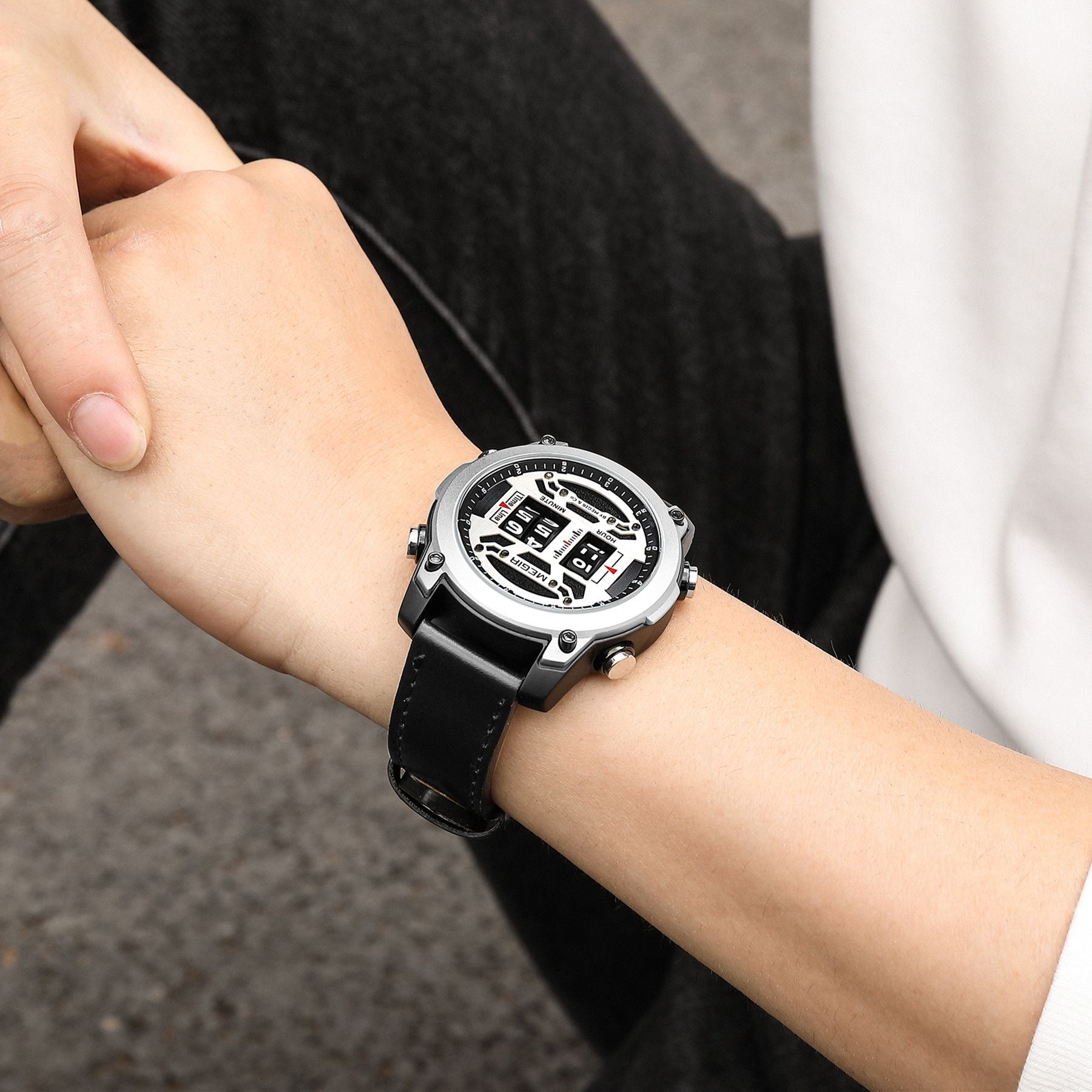 MEGIR Waterproof Men's Watch Roller Business Casual Wristwatch Leather Fashion 2142