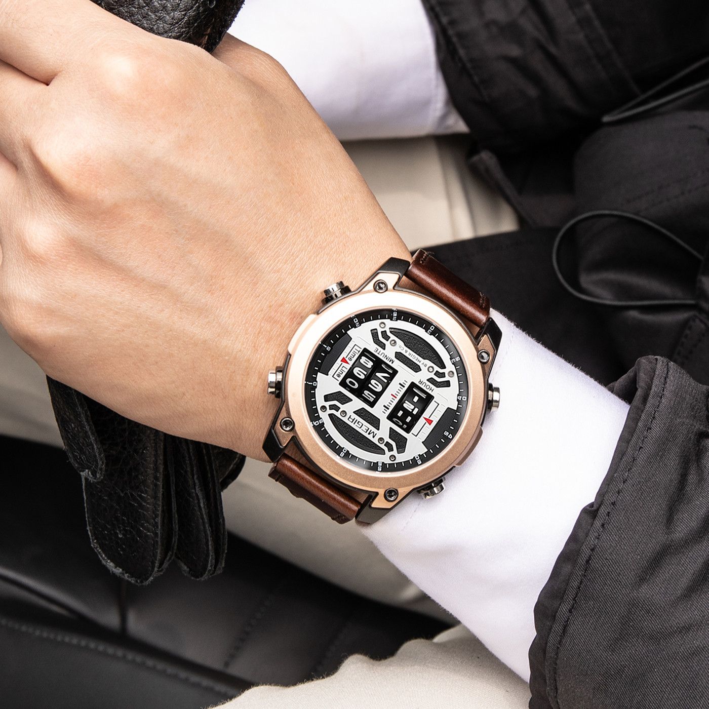 MEGIR Waterproof Men's Watch Roller Business Casual Wristwatch Leather Fashion 2142