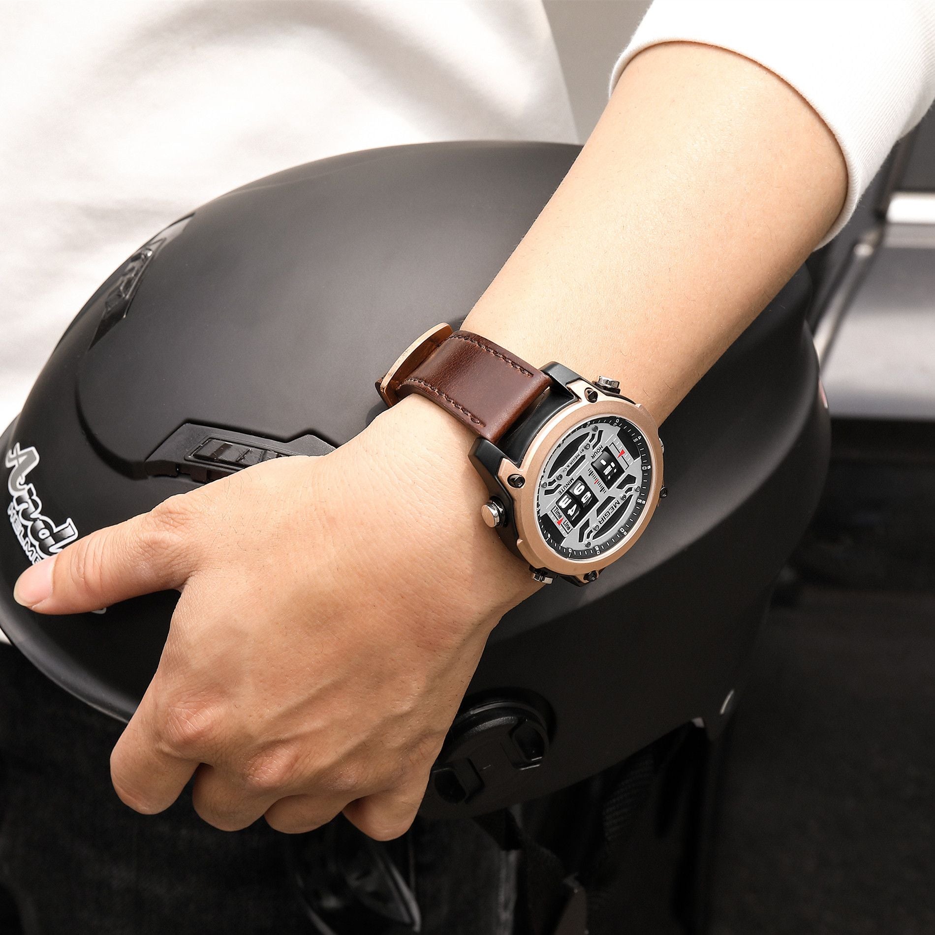 MEGIR Waterproof Men's Watch Roller Business Casual Wristwatch Leather Fashion 2142