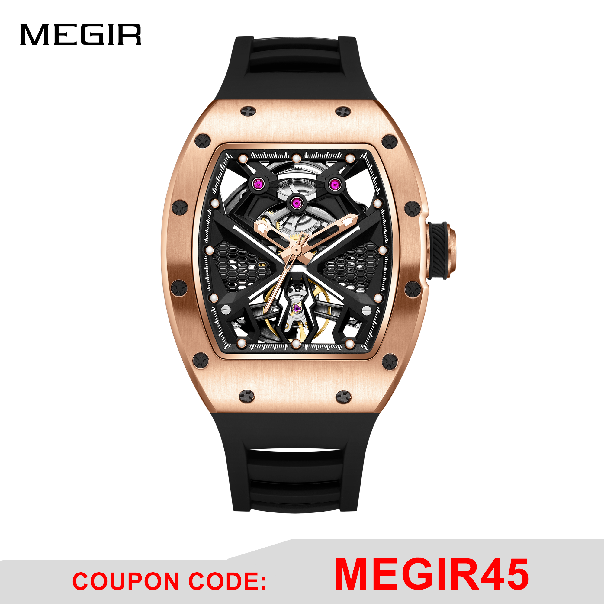 MEGIR Hollow Out Dial Men Mechanical Watch Fashion Stainless Steel Automatic Wristwatch Waterproof Watch Clock Montre Homme 9190-5-0