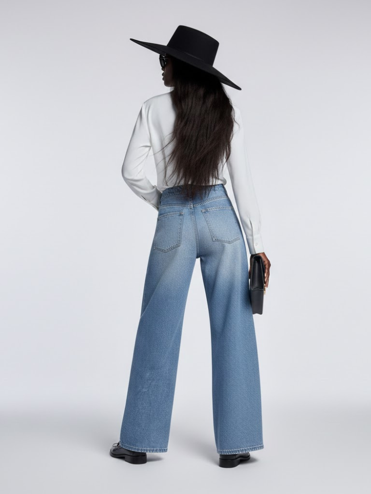 Elegant Wide-Leg Denim Trousers with Structural Paneling • BYMANYC ® New York-1