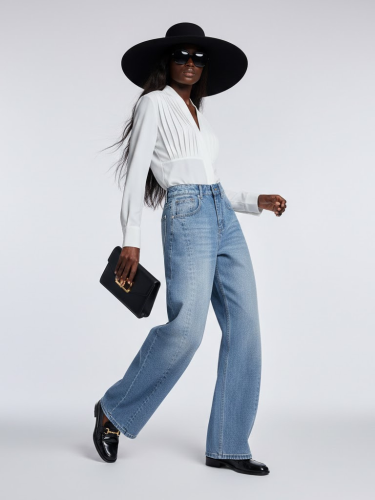 Elegant Wide-Leg Denim Trousers with Structural Paneling • BYMANYC ® New York-0