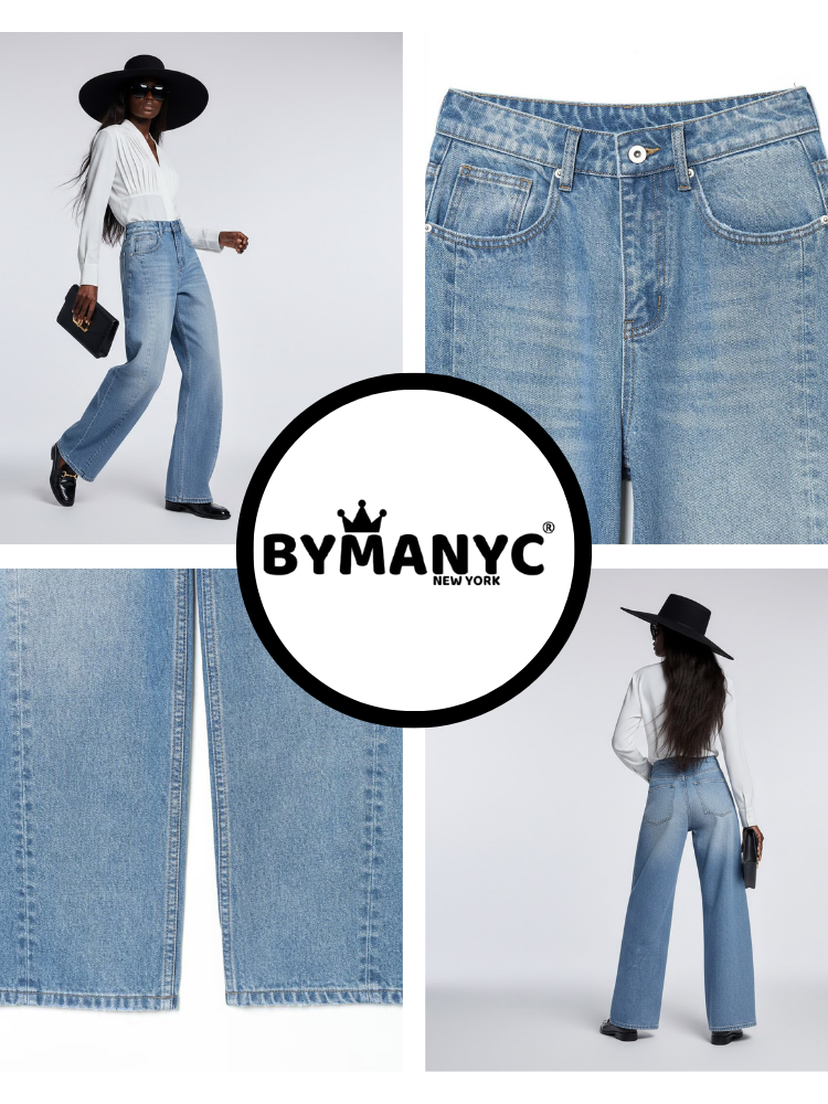 Elegant Wide-Leg Denim Trousers with Structural Paneling • BYMANYC ® New York-2