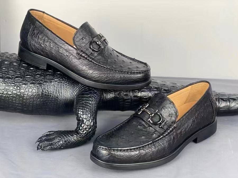 Ostrich Leather Shoes Ostrich Loafer Slip-On Shoes Black-1