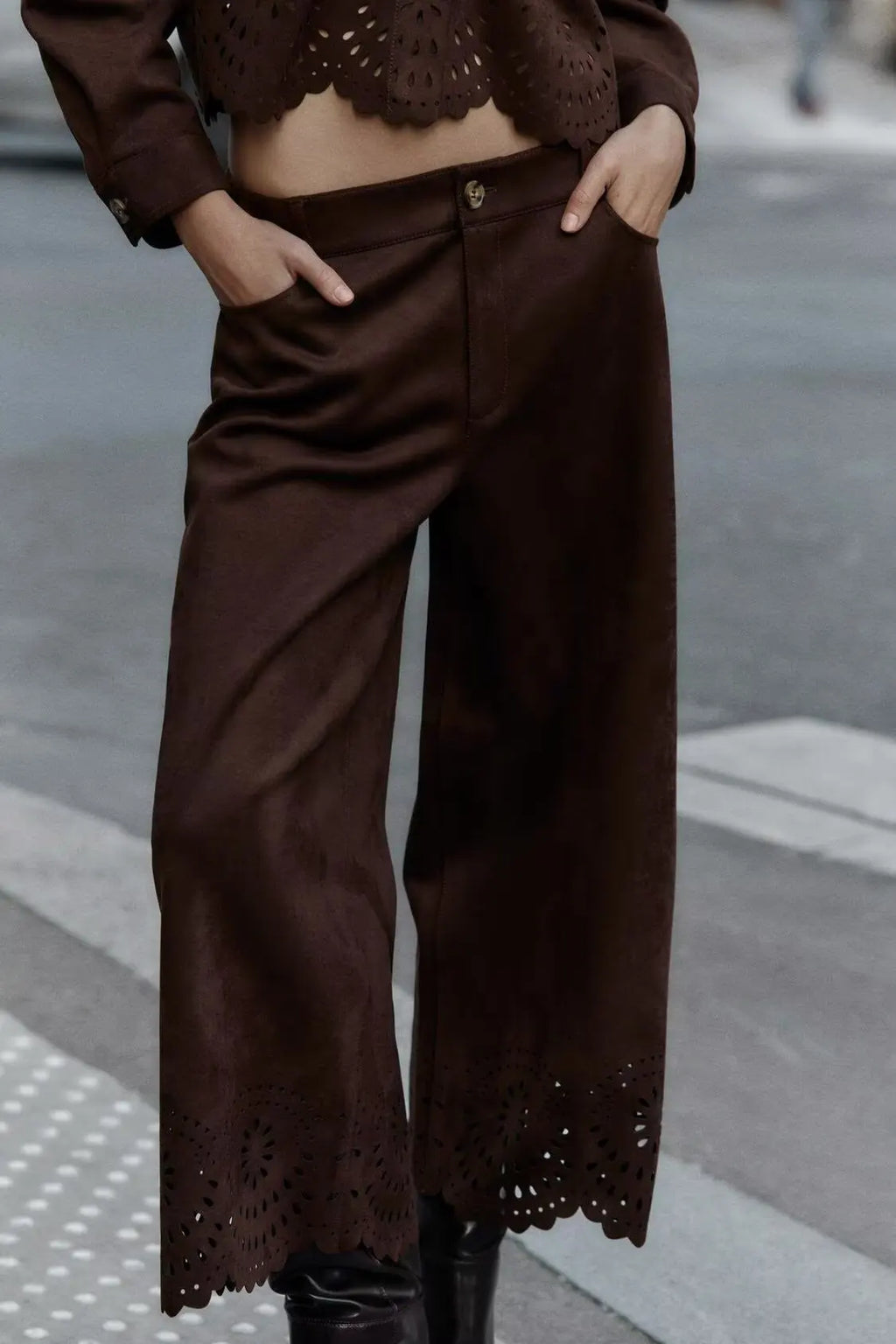 Versatile Suede Effect Hollow Hem Wide-leg Pants