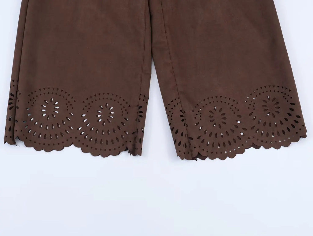 Versatile Suede Effect Hollow Hem Wide-leg Pants