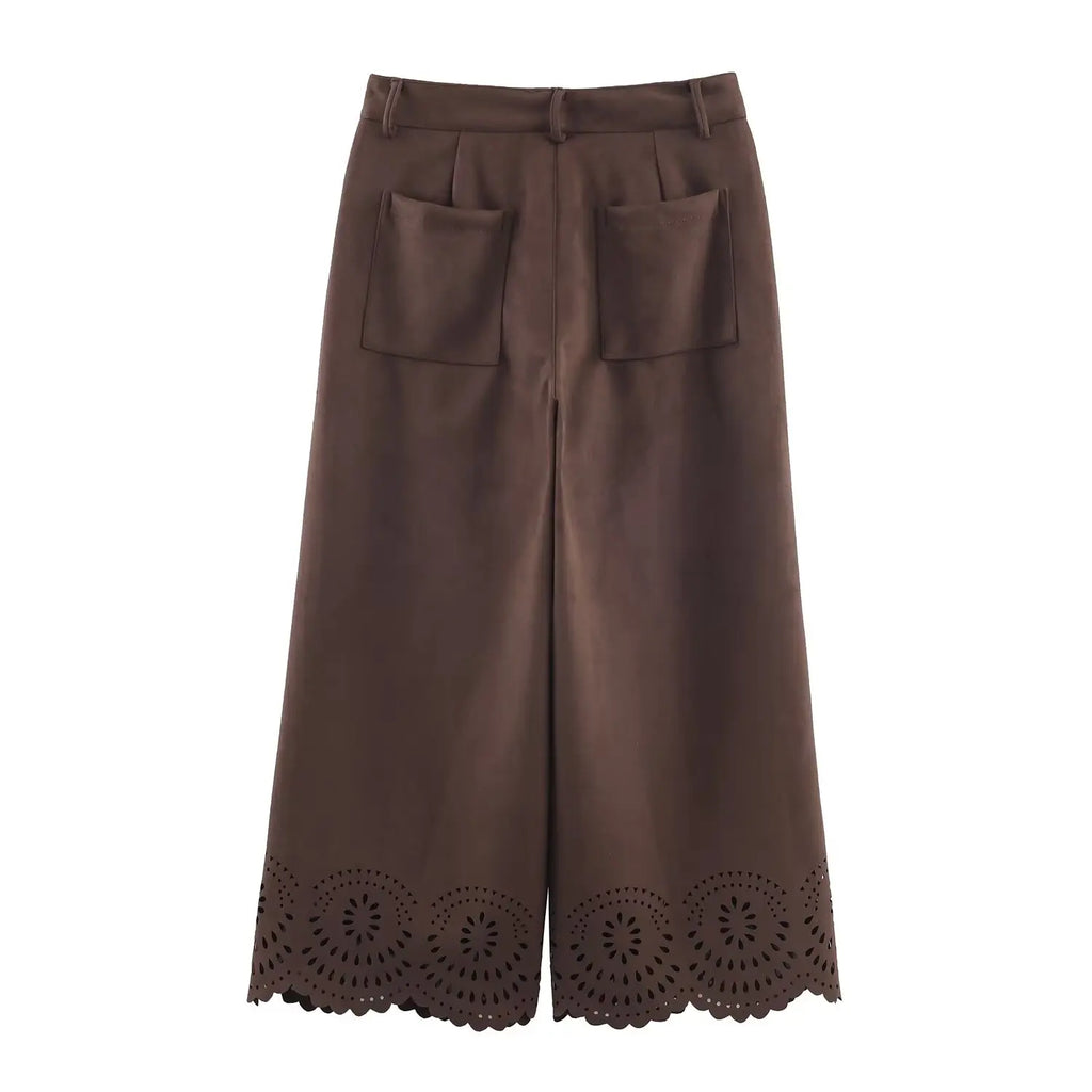 Versatile Suede Effect Hollow Hem Wide-leg Pants