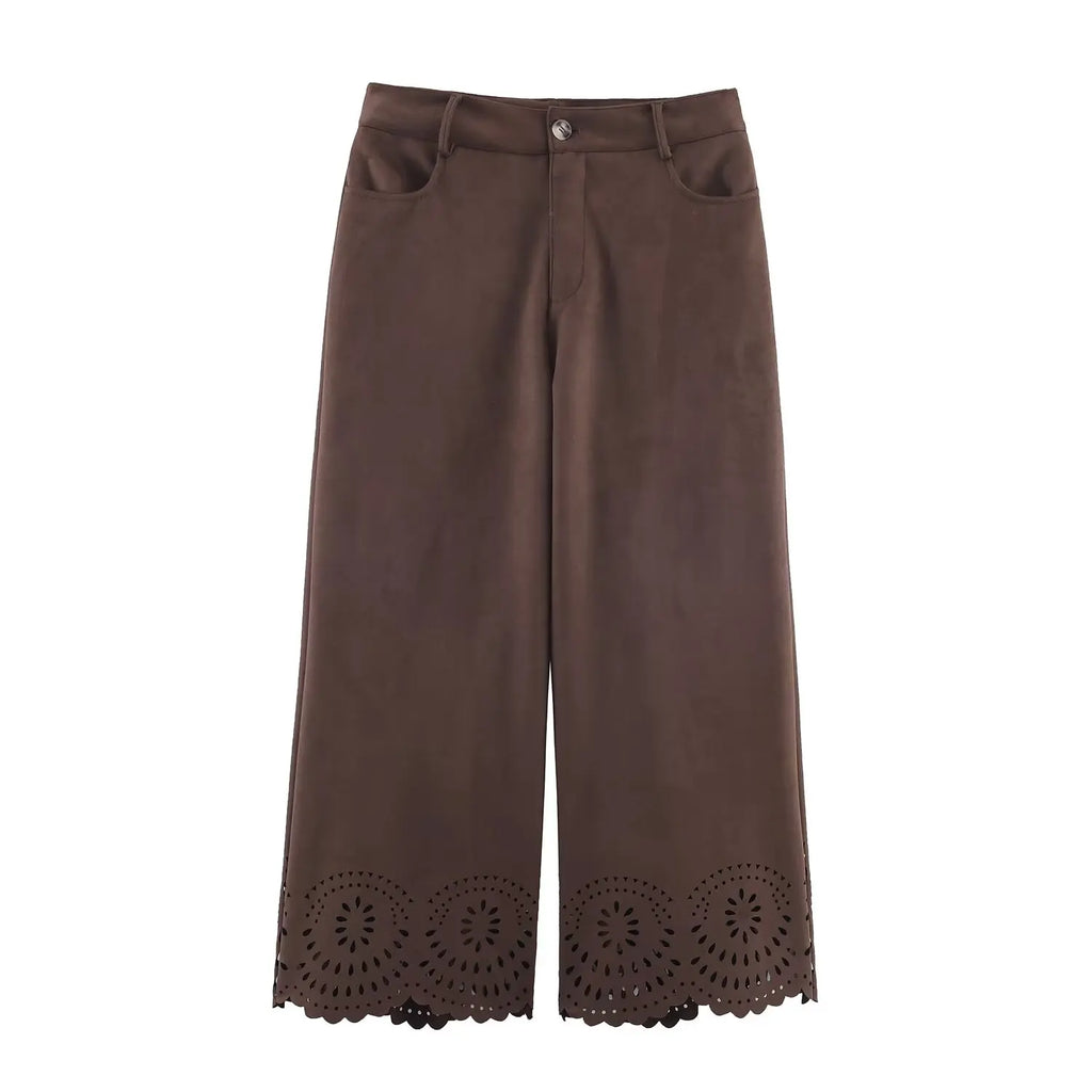 Versatile Suede Effect Hollow Hem Wide-leg Pants