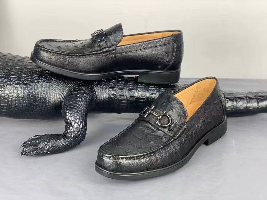 Ostrich Leather Shoes Ostrich Loafer Slip-On Shoes Black-2
