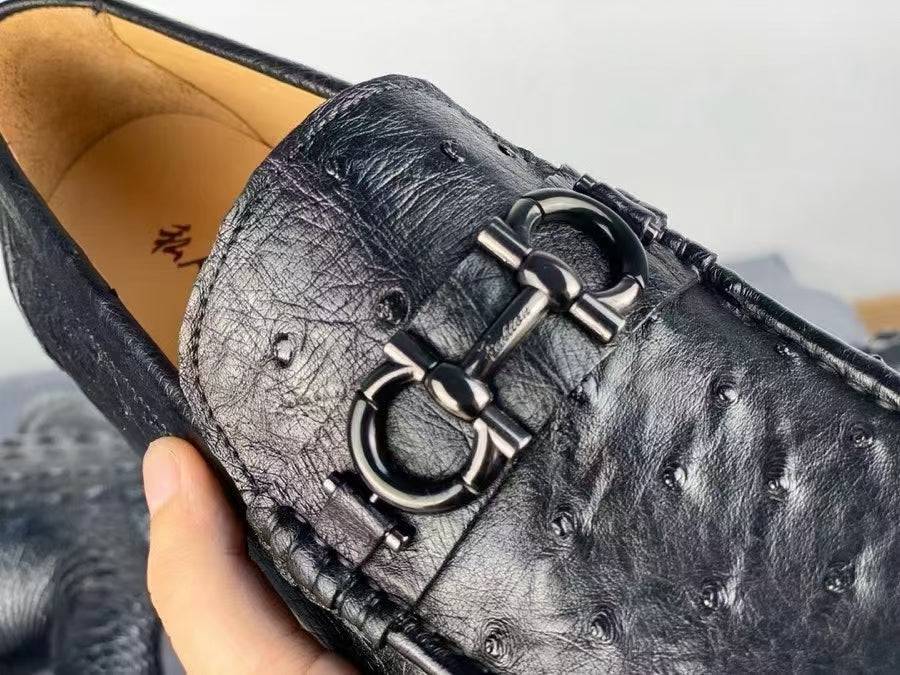 Ostrich Leather Shoes Ostrich Loafer Slip-On Shoes Black-3