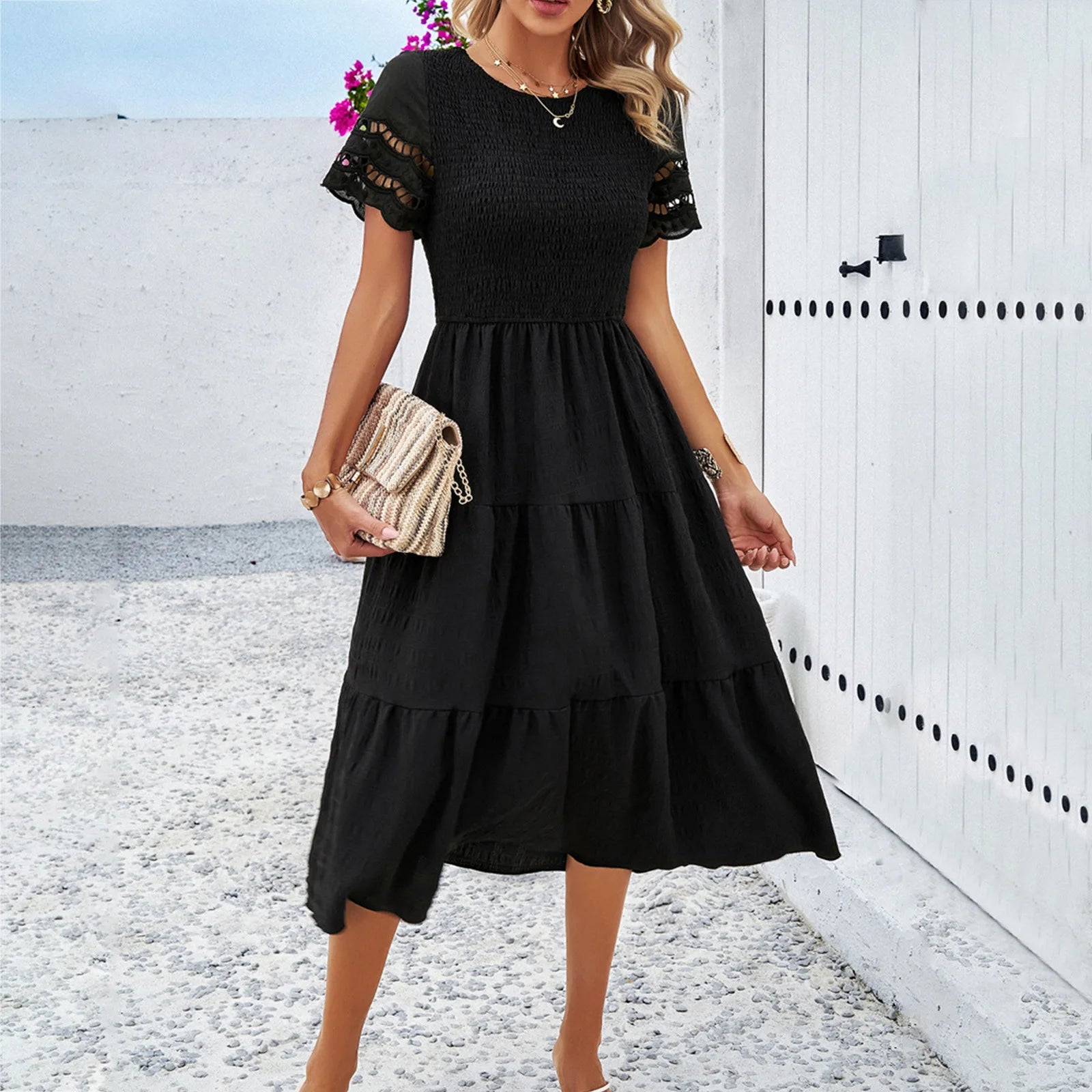 Women's Clothing 2025 Spring and Summer Solid Color Round Neck Temperament Hollow Dress Female Vestidos De Mujer