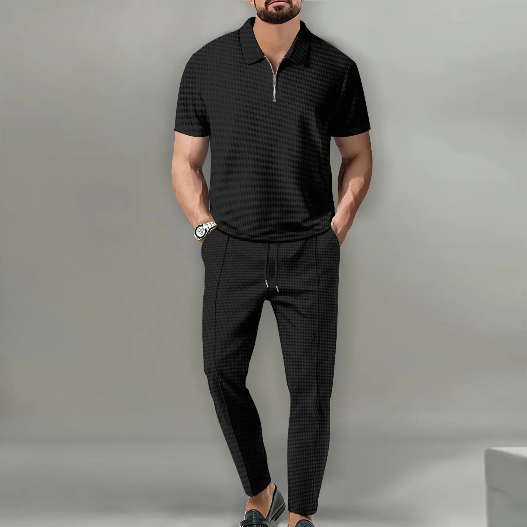 Waffle Collar Short-sleeved Zipper Pants Suit