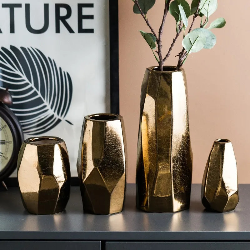 Nordic Light Luxury Gold Geometric Irregular Vase European and American Electroplated Ceramic Dry Flower Decoration Ornaments