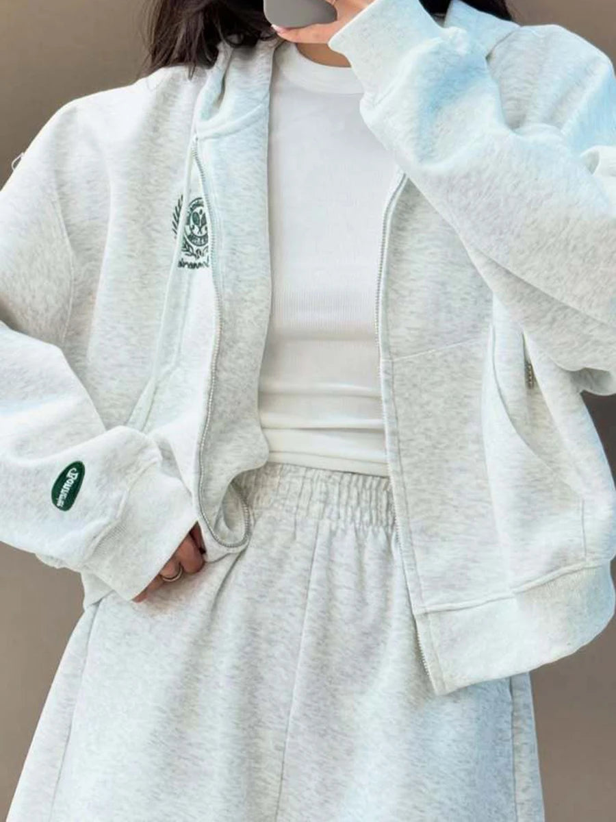 Letter Embroidery Cardigan Hooded Women Loose Long Sleeve Zipper Sweatshirts+shorts