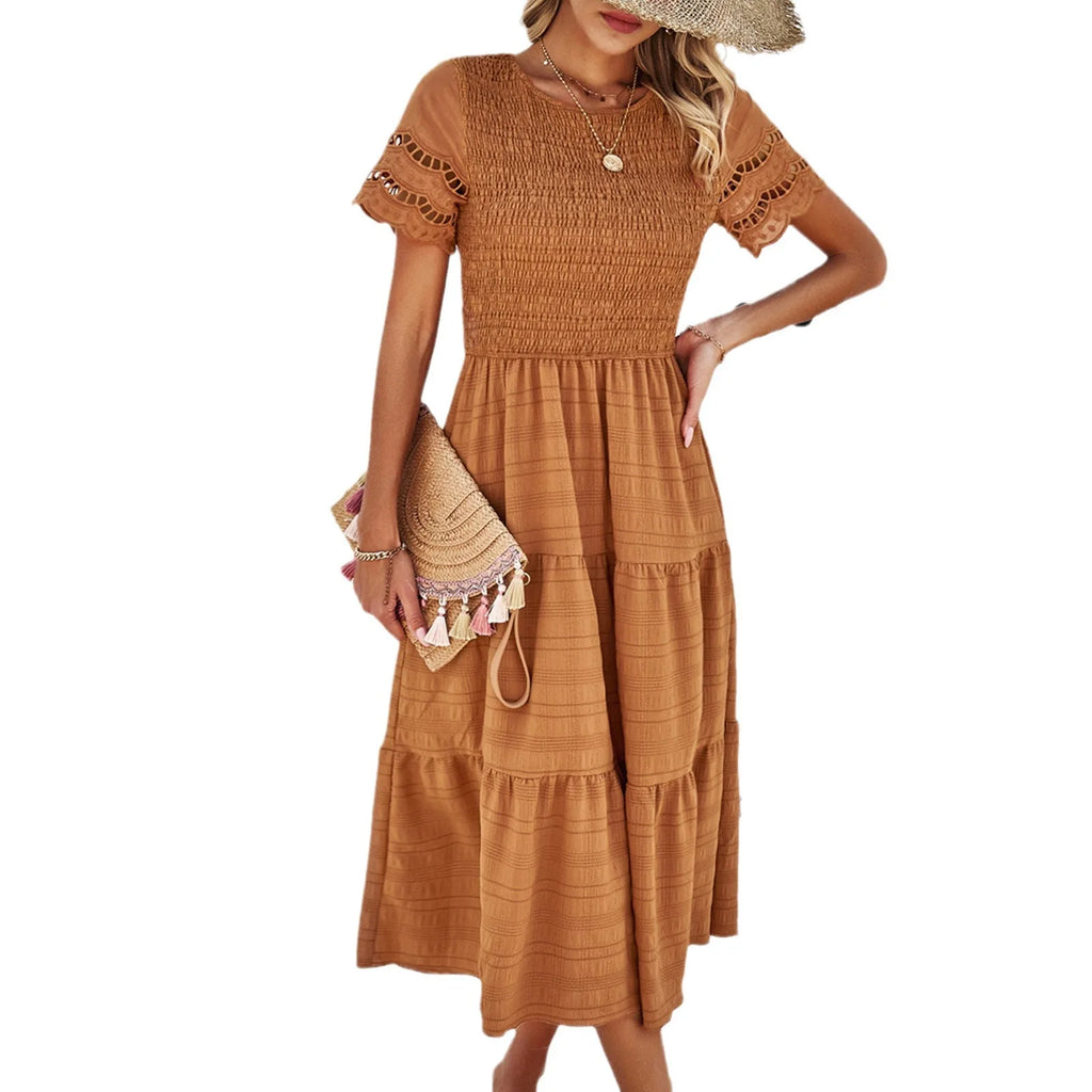 Women's Clothing 2025 Spring and Summer Solid Color Round Neck Temperament Hollow Dress Female Vestidos De Mujer