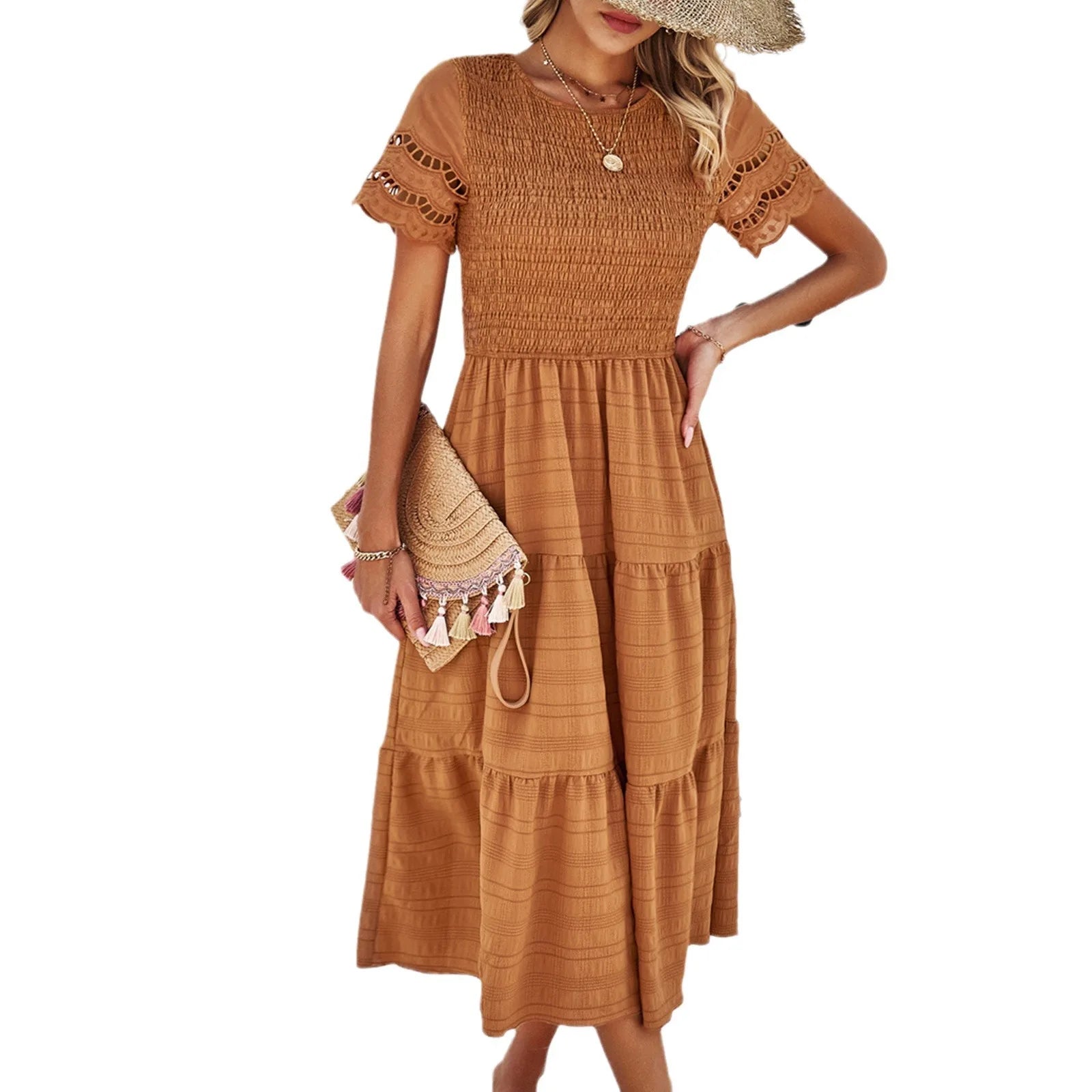Women's Clothing 2025 Spring and Summer Solid Color Round Neck Temperament Hollow Dress Female Vestidos De Mujer