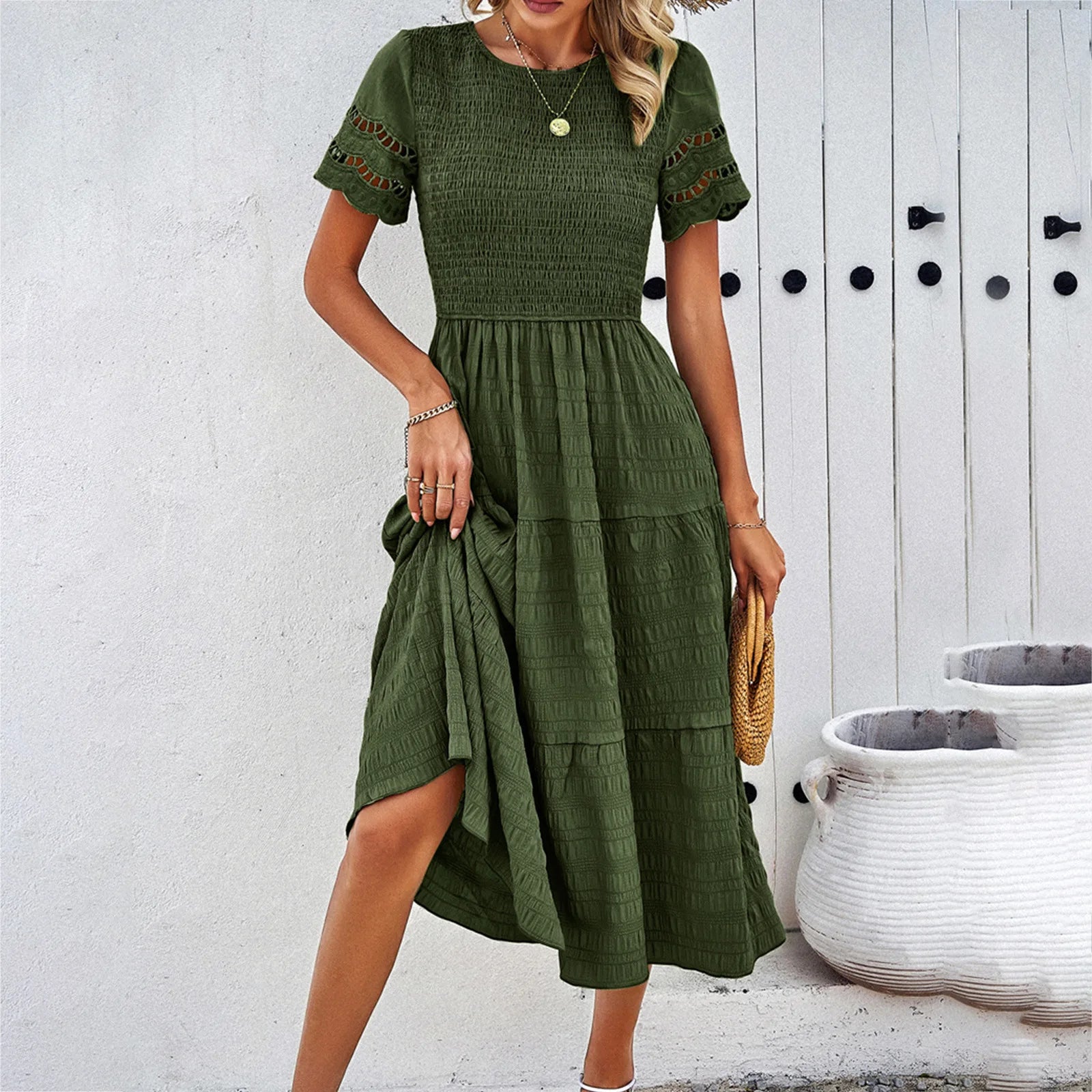 Women's Clothing 2025 Spring and Summer Solid Color Round Neck Temperament Hollow Dress Female Vestidos De Mujer