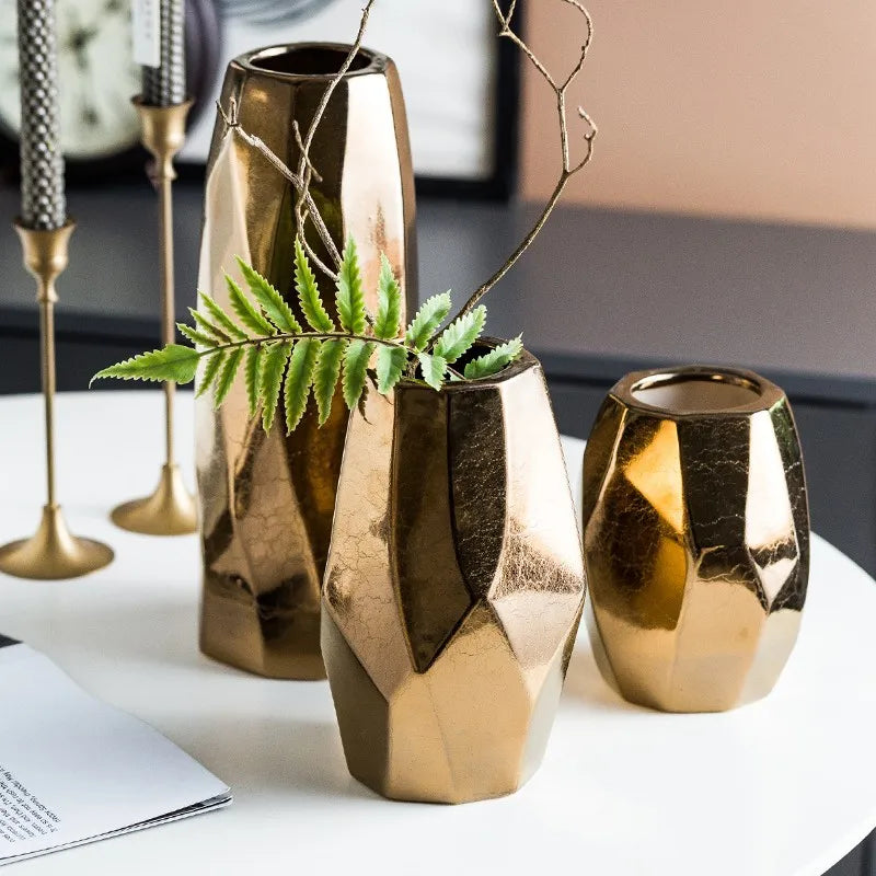 Nordic Light Luxury Gold Geometric Irregular Vase European and American Electroplated Ceramic Dry Flower Decoration Ornaments