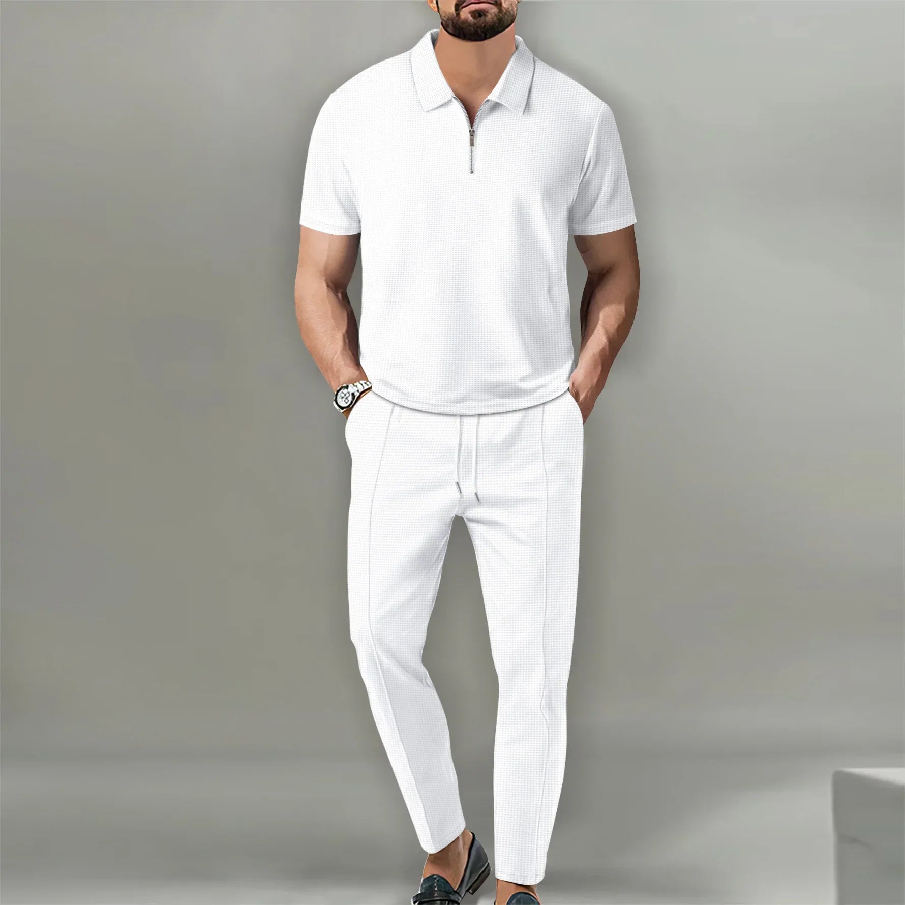 Waffle Collar Short-sleeved Zipper Pants Suit