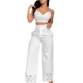 2 Piece Sets Womens Outifits Casual V-Neck Cami Crop Tops & White Fashion Hollow Out Wide Leg High Waist Pants Suits Female