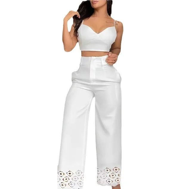 2 Piece Sets Womens Outifits Casual V-Neck Cami Crop Tops & White Fashion Hollow Out Wide Leg High Waist Pants Suits Female