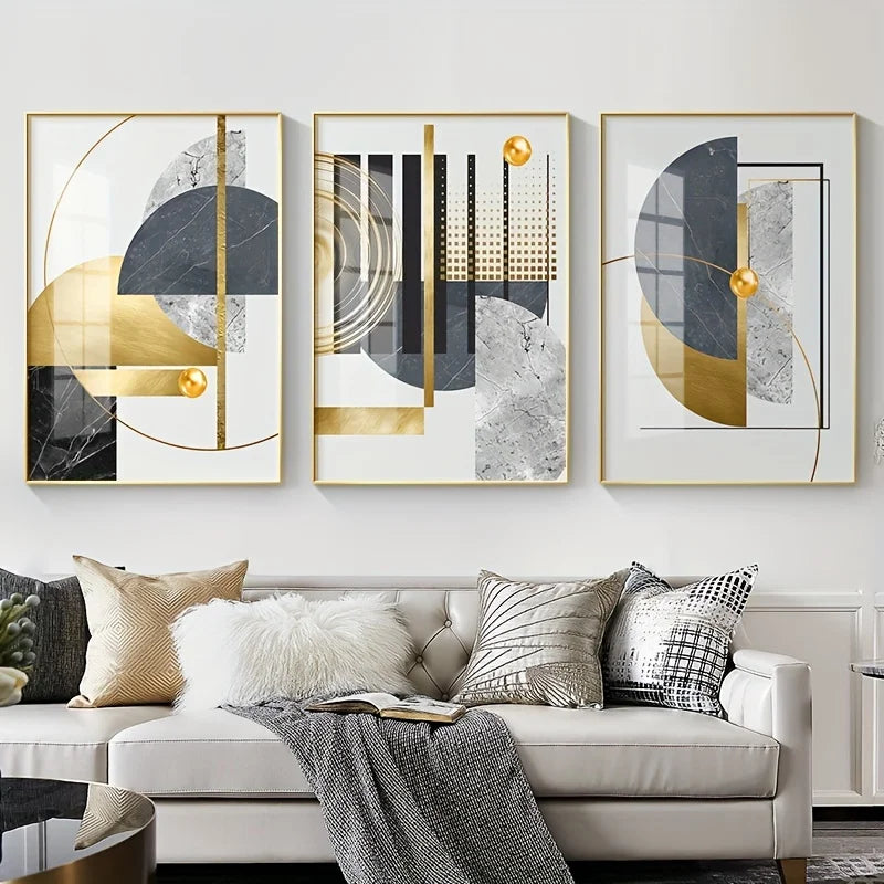 3pcs/set Golden Abstract Geometric Canvas Prints Minimalist Vibrant Marble Wall Art Posters for Modern Living Room Home Decor