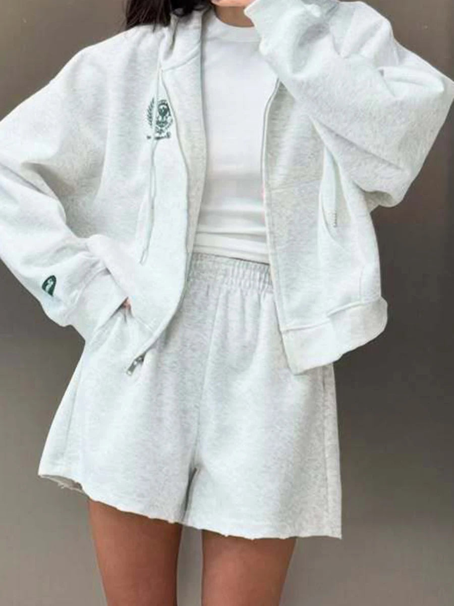 Letter Embroidery Cardigan Hooded Women Loose Long Sleeve Zipper Sweatshirts+shorts