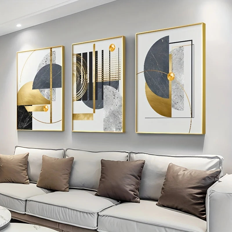 3pcs/set Golden Abstract Geometric Canvas Prints Minimalist Vibrant Marble Wall Art Posters for Modern Living Room Home Decor
