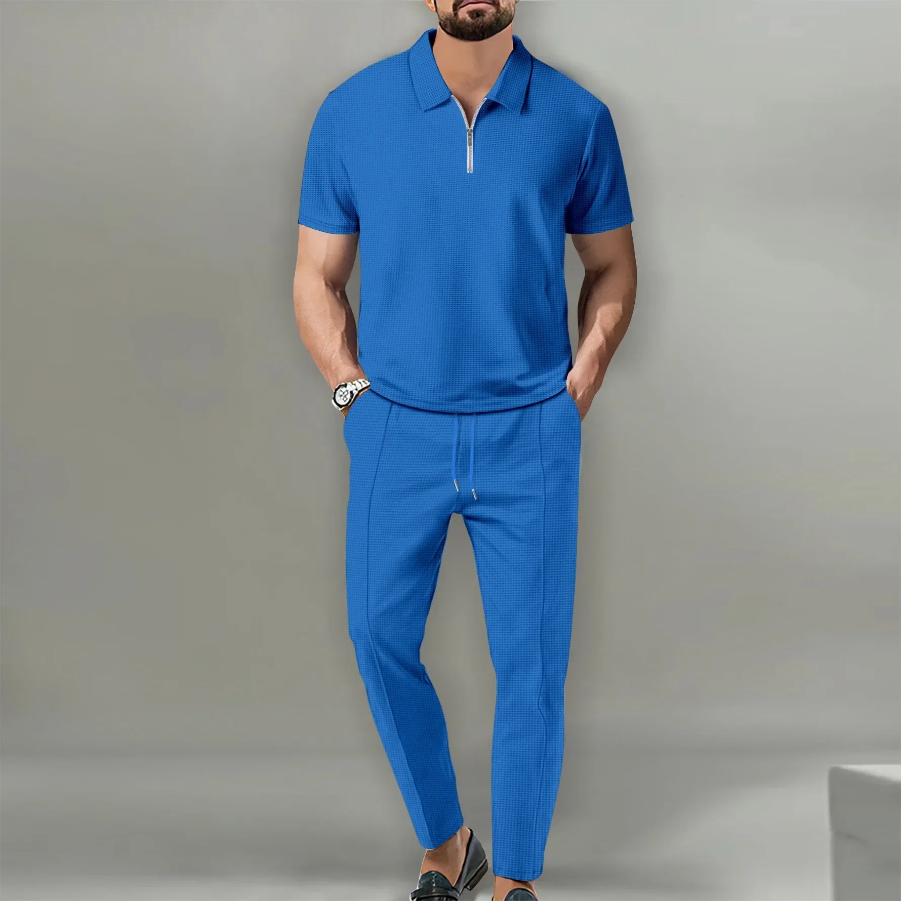 Waffle Collar Short-sleeved Zipper Pants Suit