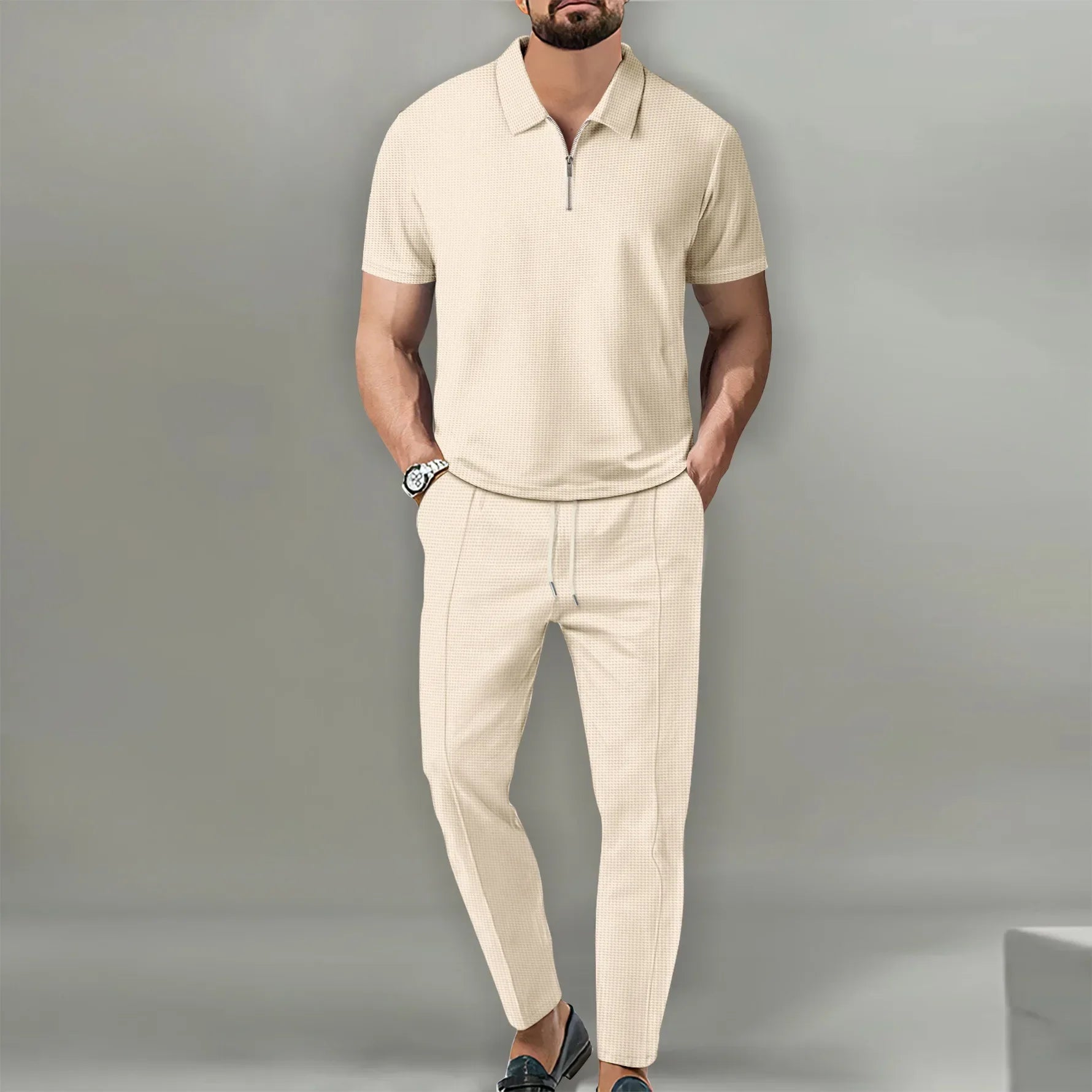 Waffle Collar Short-sleeved Zipper Pants Suit
