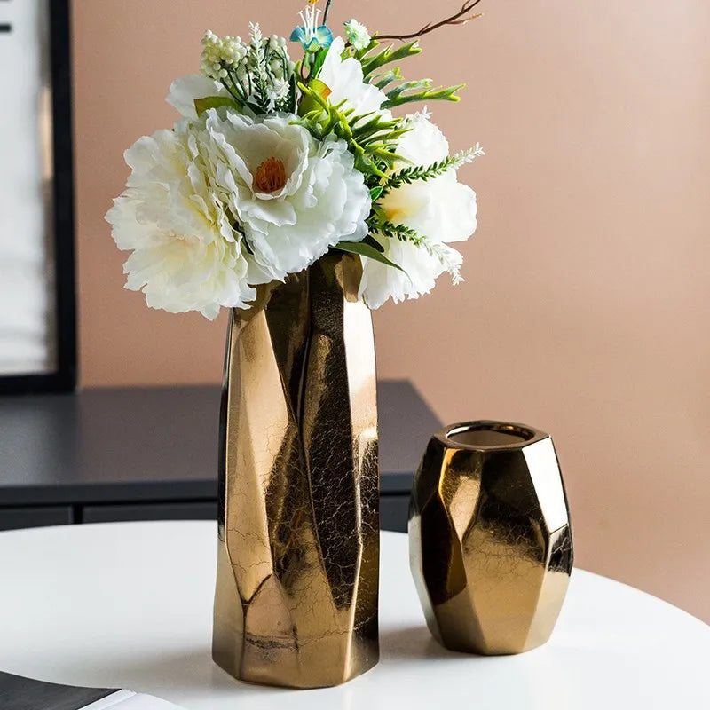 Nordic Light Luxury Gold Geometric Irregular Vase European and American Electroplated Ceramic Dry Flower Decoration Ornaments