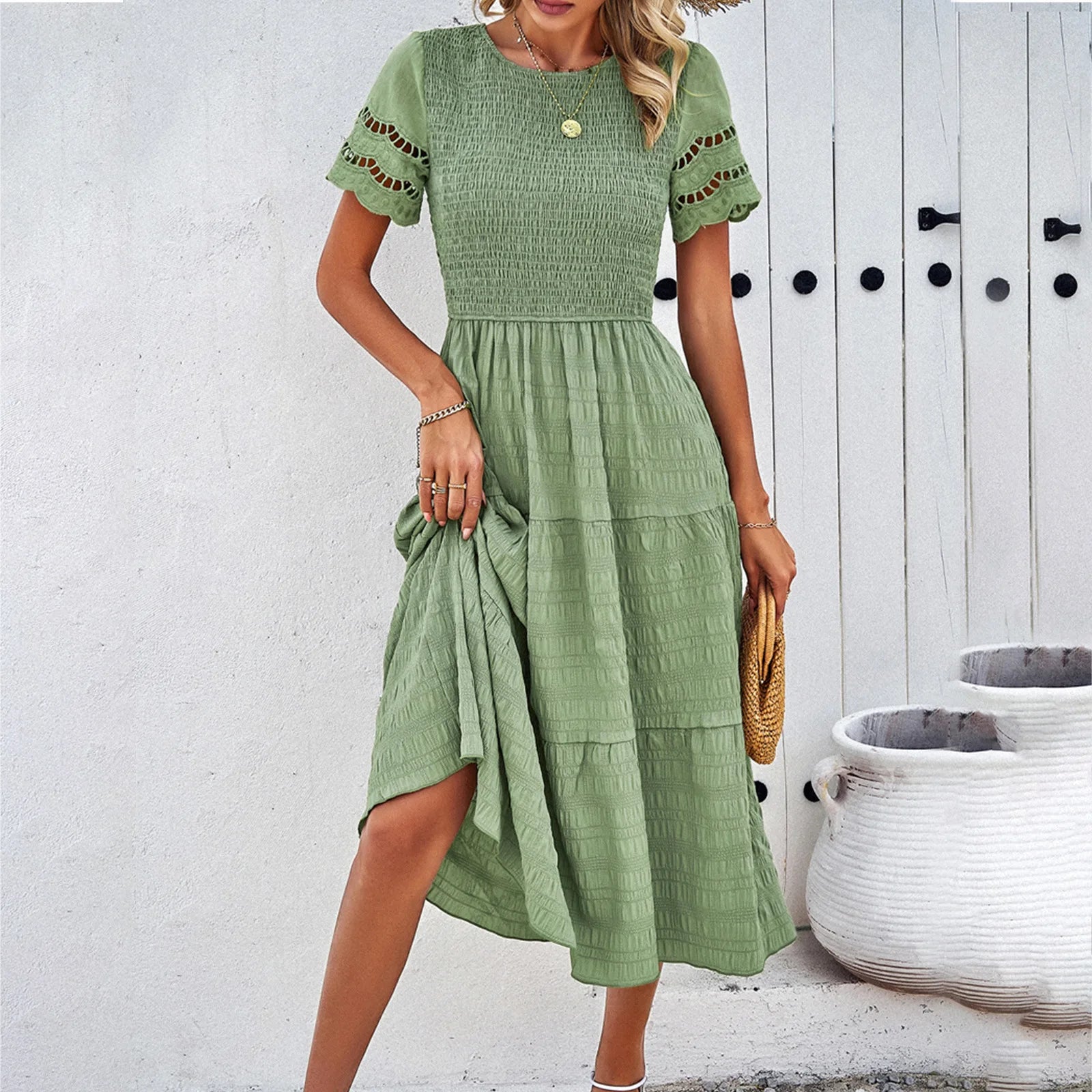 Women's Clothing 2025 Spring and Summer Solid Color Round Neck Temperament Hollow Dress Female Vestidos De Mujer