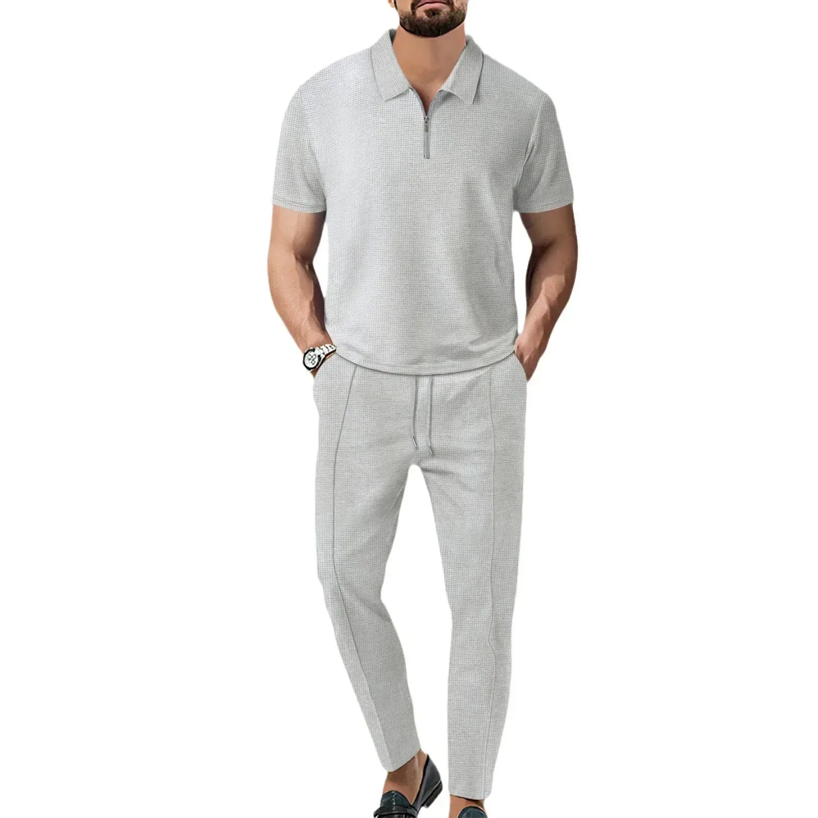 Waffle Collar Short-sleeved Zipper Pants Suit