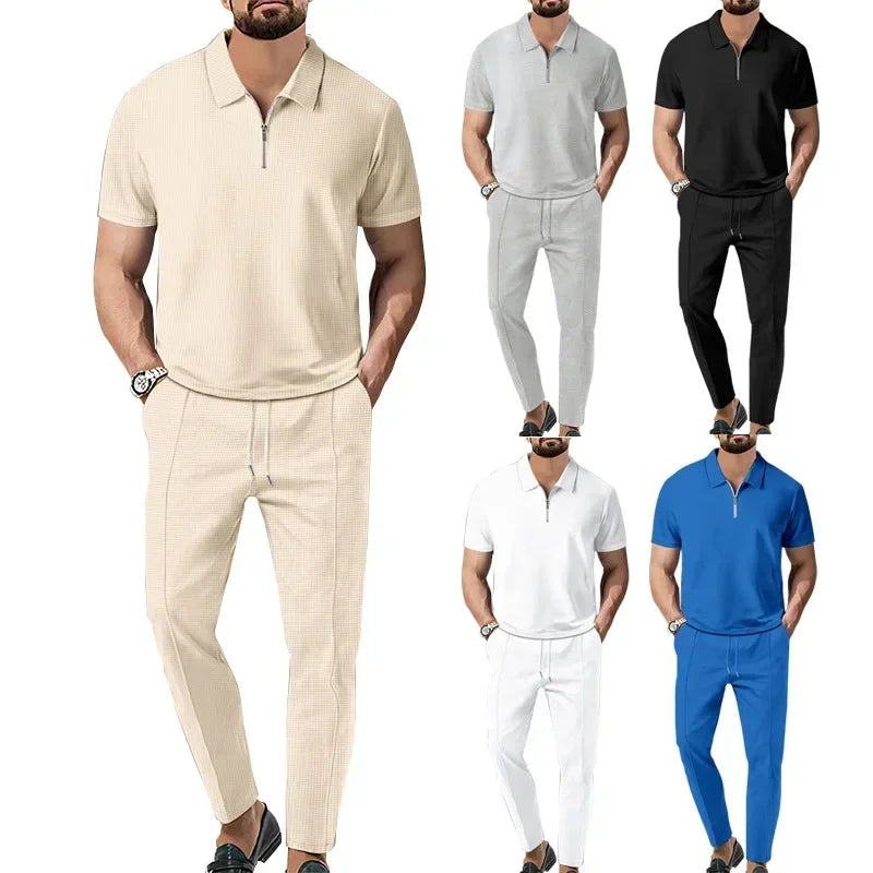 Waffle Collar Short-sleeved Zipper Pants Suit