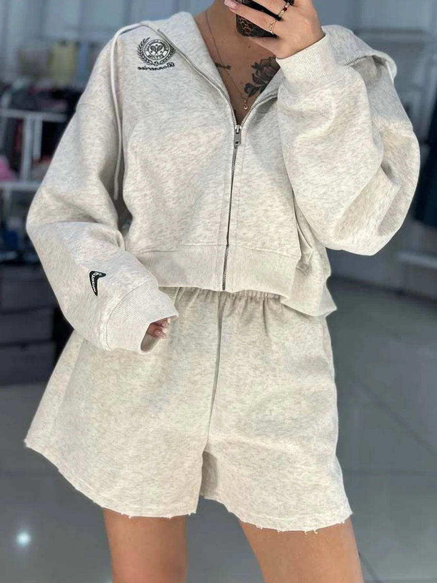 Letter Embroidery Cardigan Hooded Women Loose Long Sleeve Zipper Sweatshirts+shorts