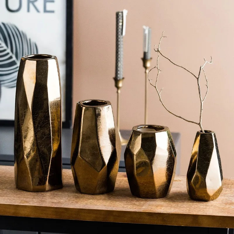 Nordic Light Luxury Gold Geometric Irregular Vase European and American Electroplated Ceramic Dry Flower Decoration Ornaments