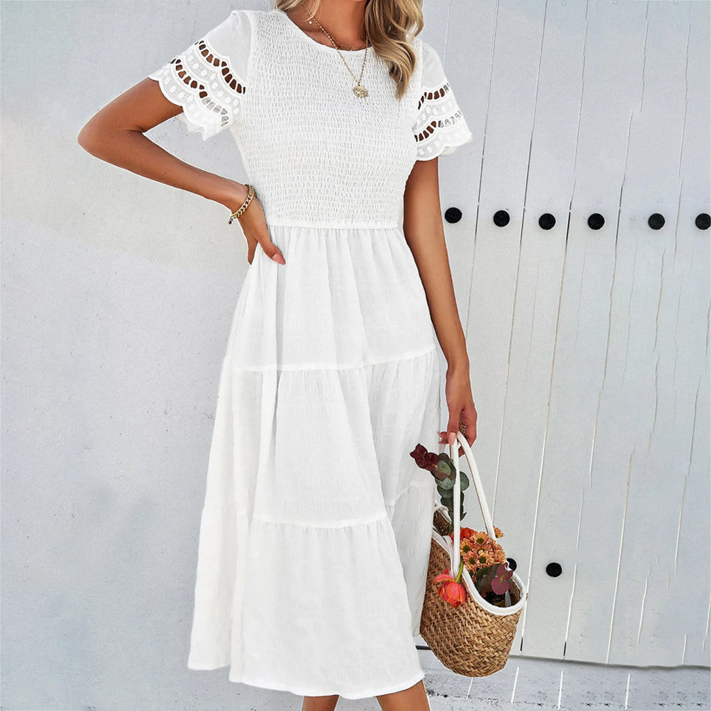 Women's Clothing 2025 Spring and Summer Solid Color Round Neck Temperament Hollow Dress Female Vestidos De Mujer