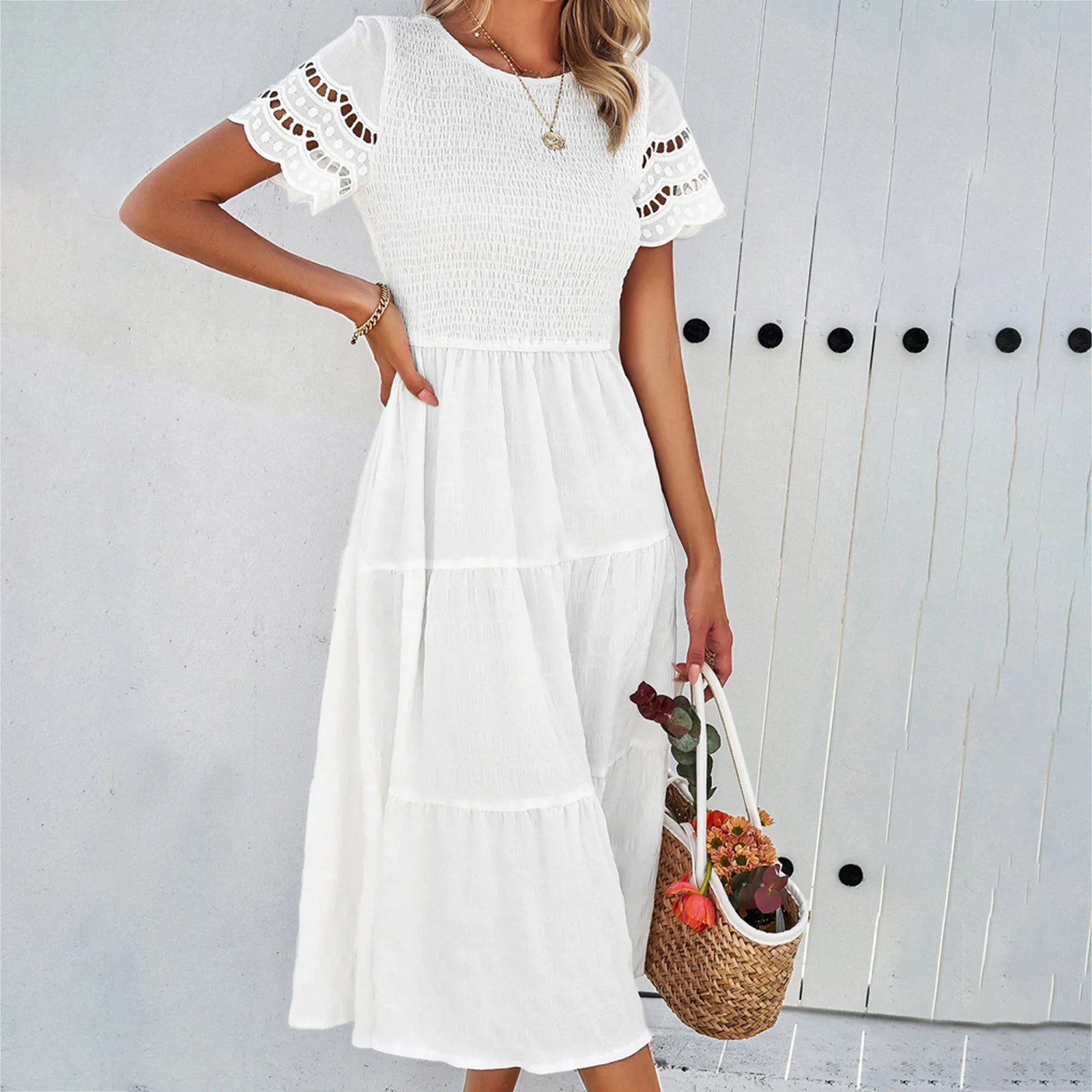 Women's Clothing 2025 Spring and Summer Solid Color Round Neck Temperament Hollow Dress Female Vestidos De Mujer