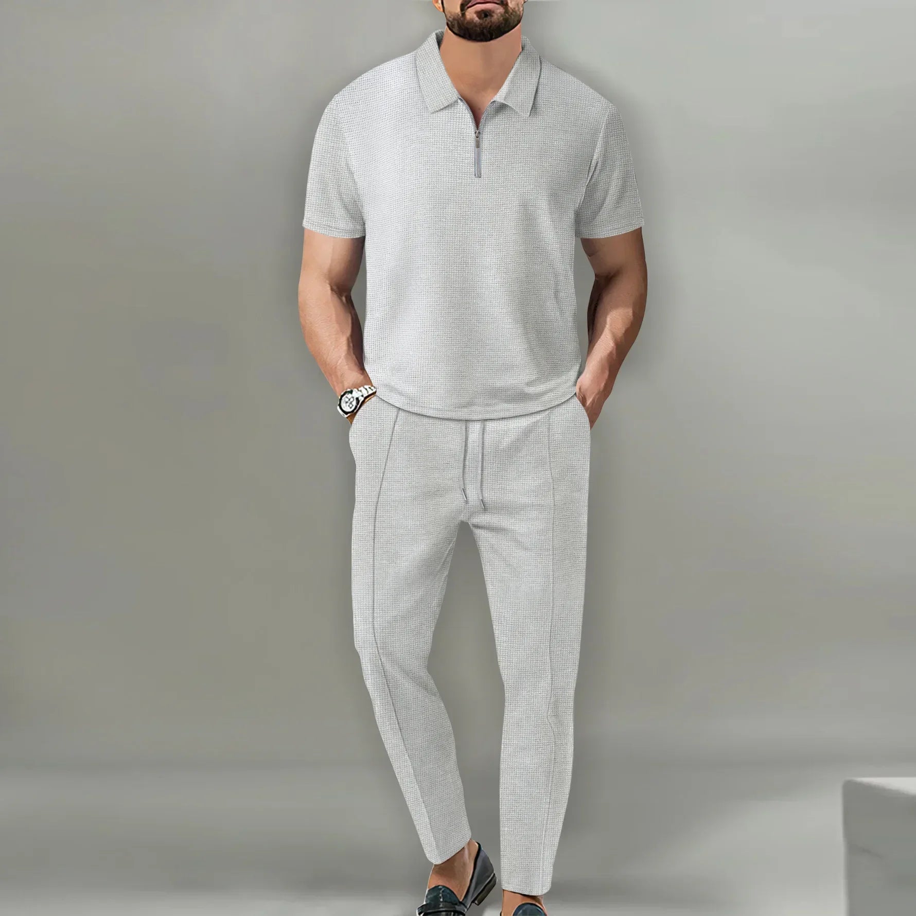 Waffle Collar Short-sleeved Zipper Pants Suit