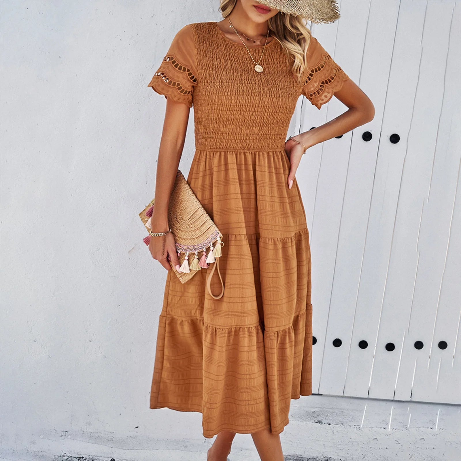 Women's Clothing 2025 Spring and Summer Solid Color Round Neck Temperament Hollow Dress Female Vestidos De Mujer